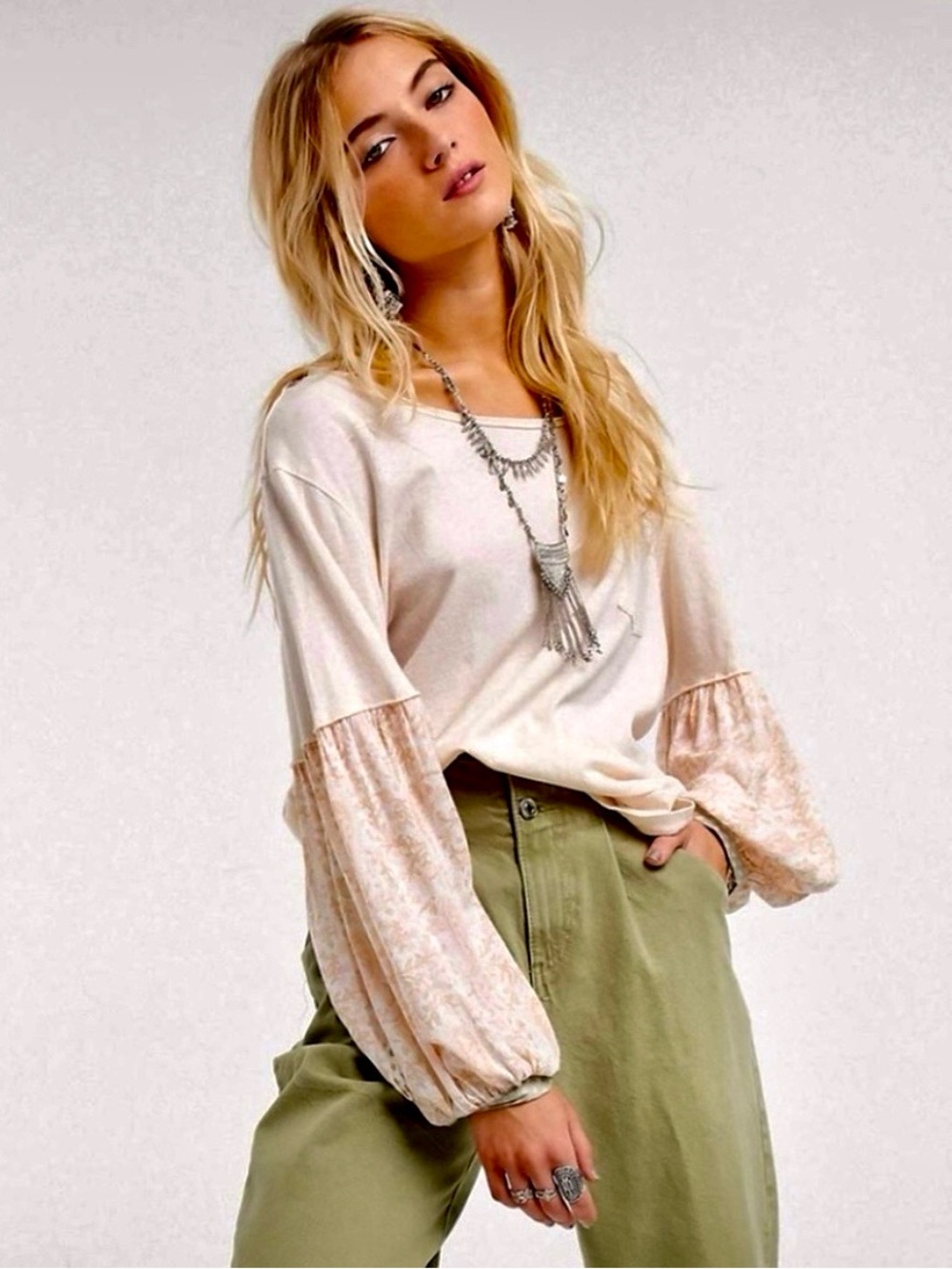 We The Free Jade Scoop Neck Top w/Cottage Print Billowing Sleeves size SMALL